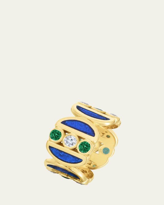 18K Yellow Gold Puzzle Ring with Emeralds and Diamonds